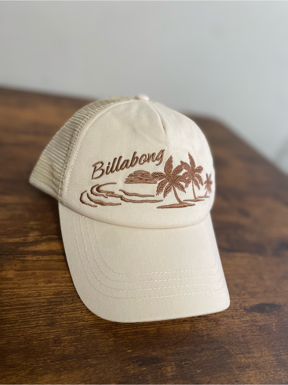 Billabong Cream Trucker Hat with Brown Palm Embroidery